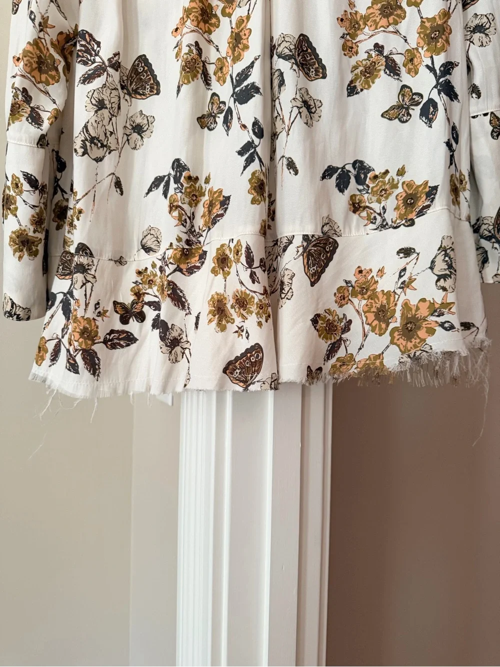 Free People White Floral Peasant Blouse with Mustard and Black Print